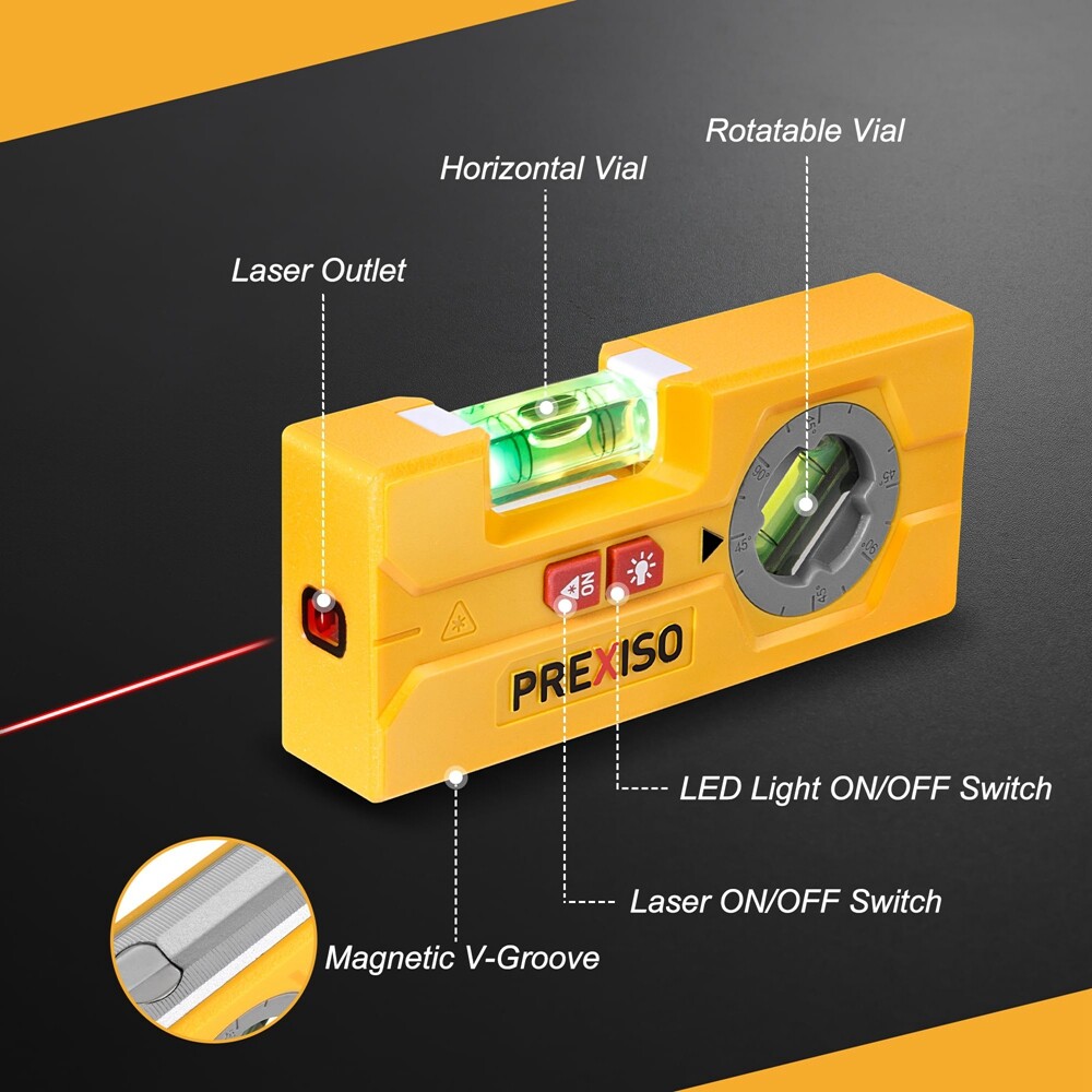 PREXISO 2-in-1 Line Laser Level 30 Ft Laser Line Leveler Tool Mini Torpedo Level