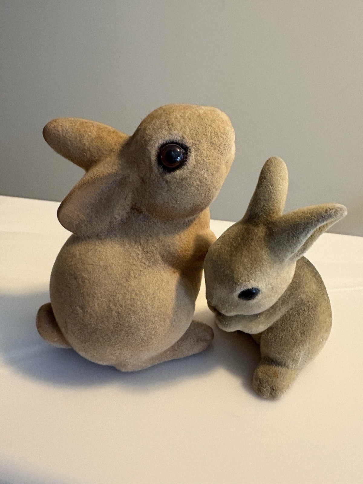 2 Vtg Sm Brown Flocked Fuzzy Bunny Rabbits Hard Figures Easter  Read