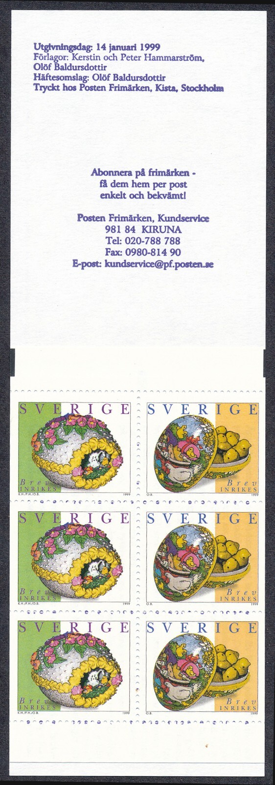 Sweden #2322b Easter Eggs Complete Booklet Postage Stamps 1999 Mint NH