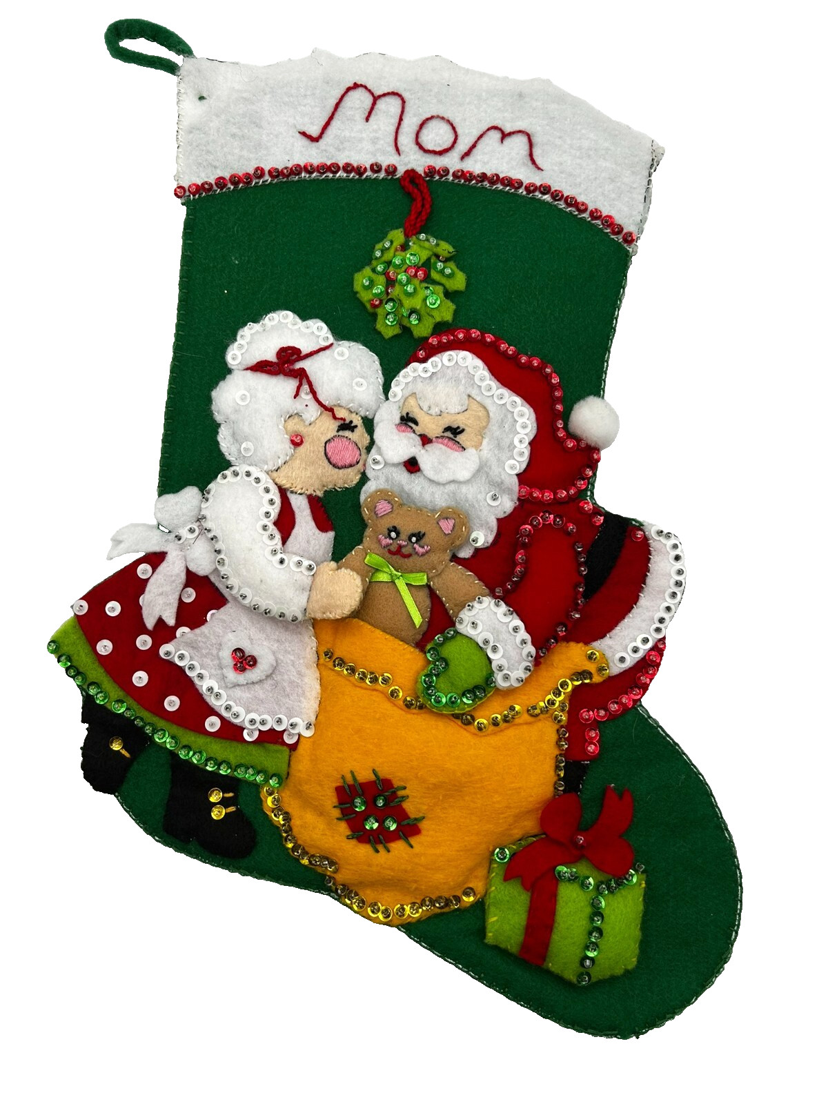 Handmade Completed Bucilla Felt Applique Christmas Stocking MOM Mr. & Mrs. Claus