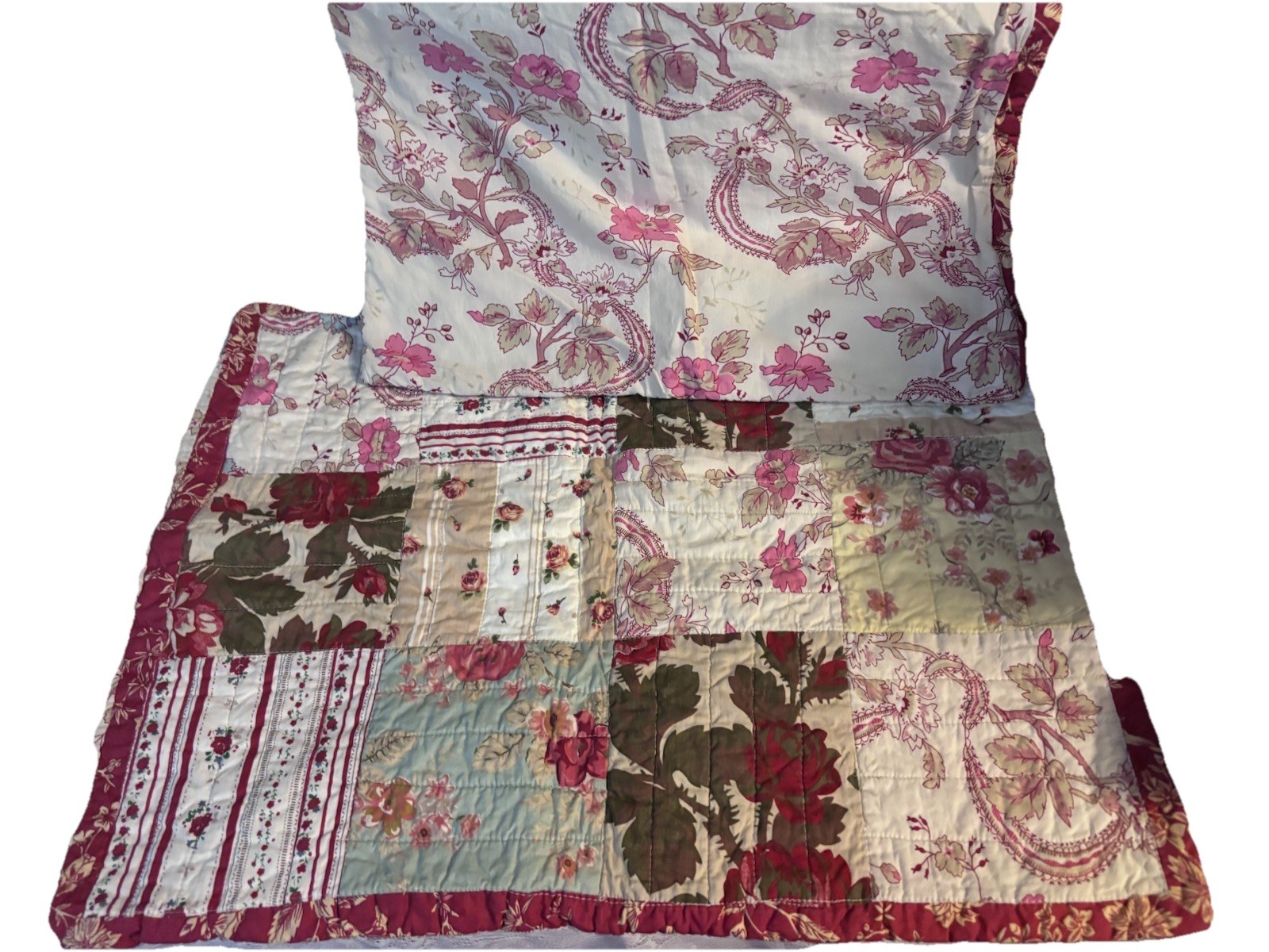 Lot 2 Floral Fashion Bed Pillow Green Pink  Red White  Patchwork 25 X 19.5”
