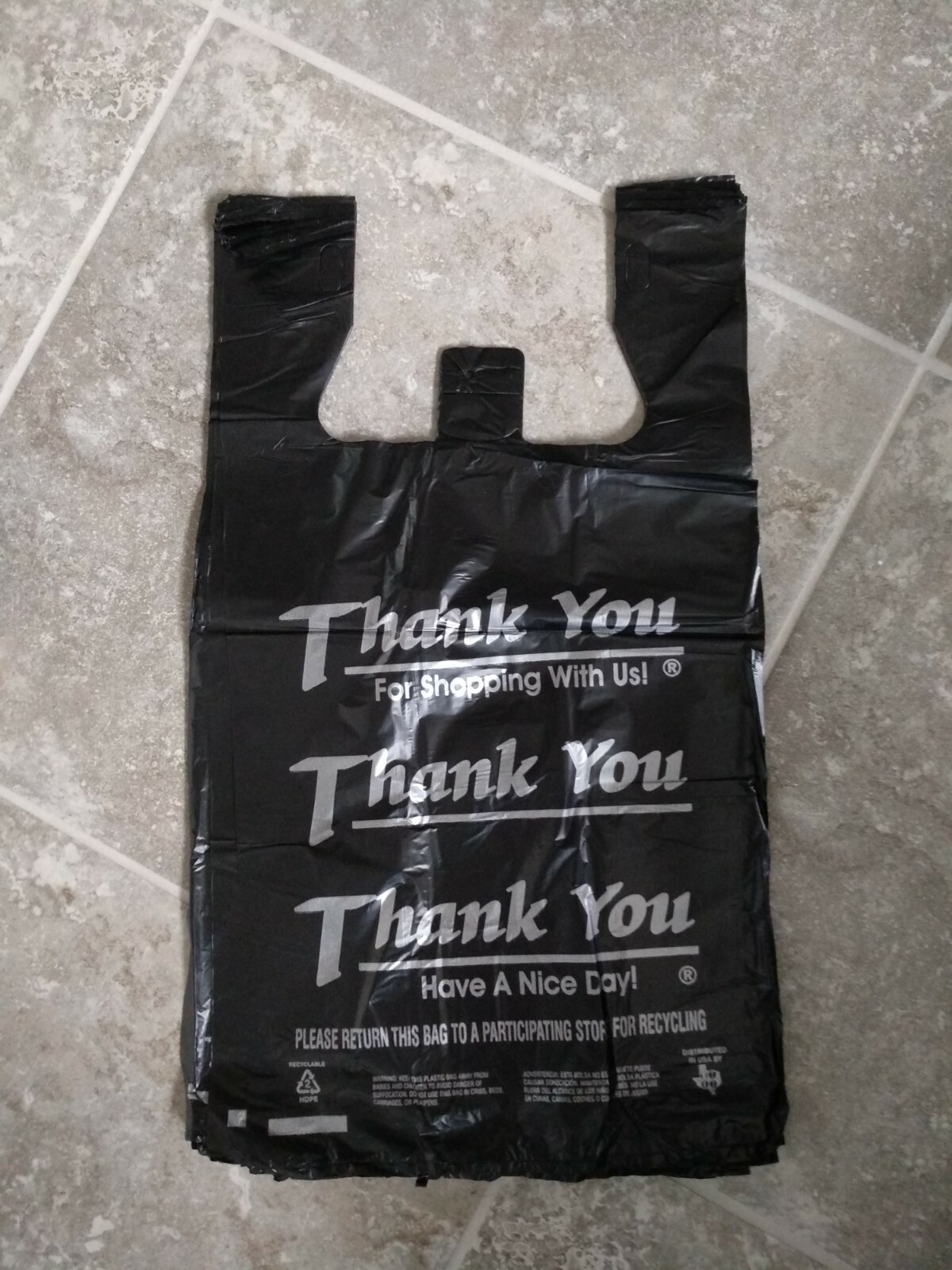 1/6 Large 20 x 6.5 x 11.5 BLACK Thank you T-Shirt Plastic Grocery Shopping Bags