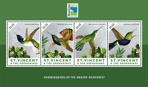 St. Vincent 2013 - Amazon Hummingbirds - Sheet of 4 Stamps - Scott #3885 - MNH