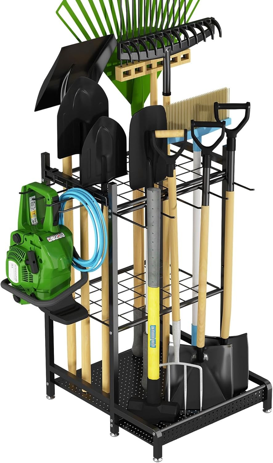 Garden Tool Organizer Garage Utility Storage Racks W/Hooks Metal Yard Tool Stand