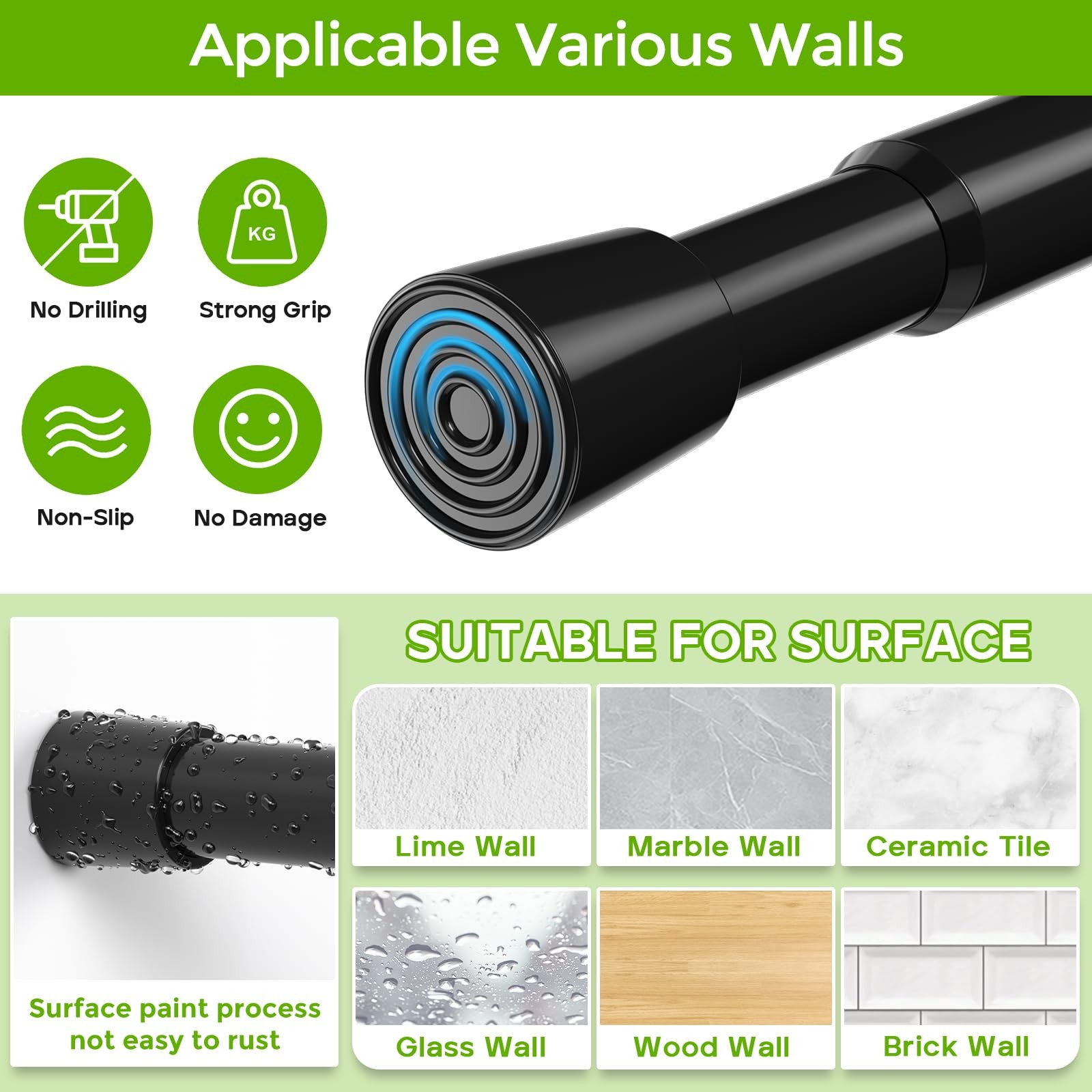 Spring Tension Rod 18-41 Inches No Drilling Adjustable 18-41inch-1P, Black