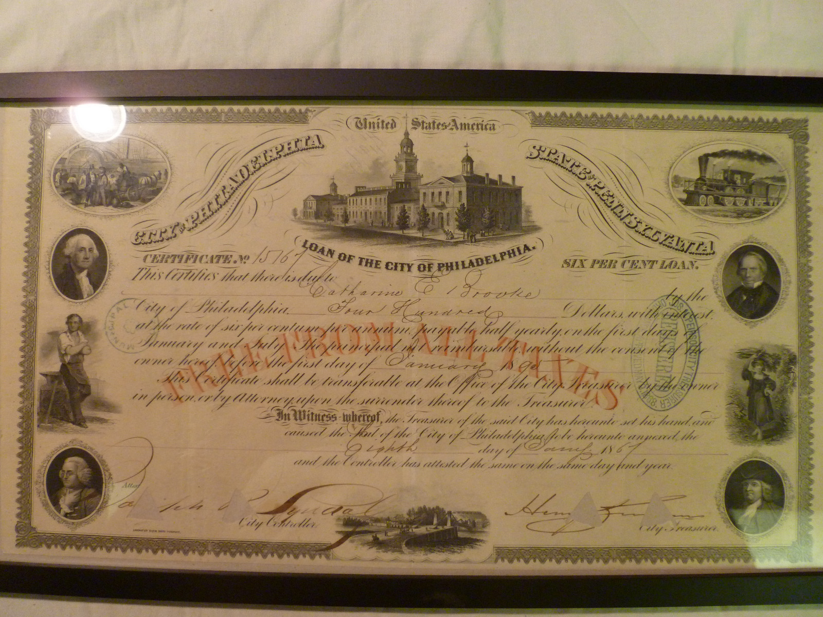 FRAMED 1867 CITY OF PHILADELPHIA BOND