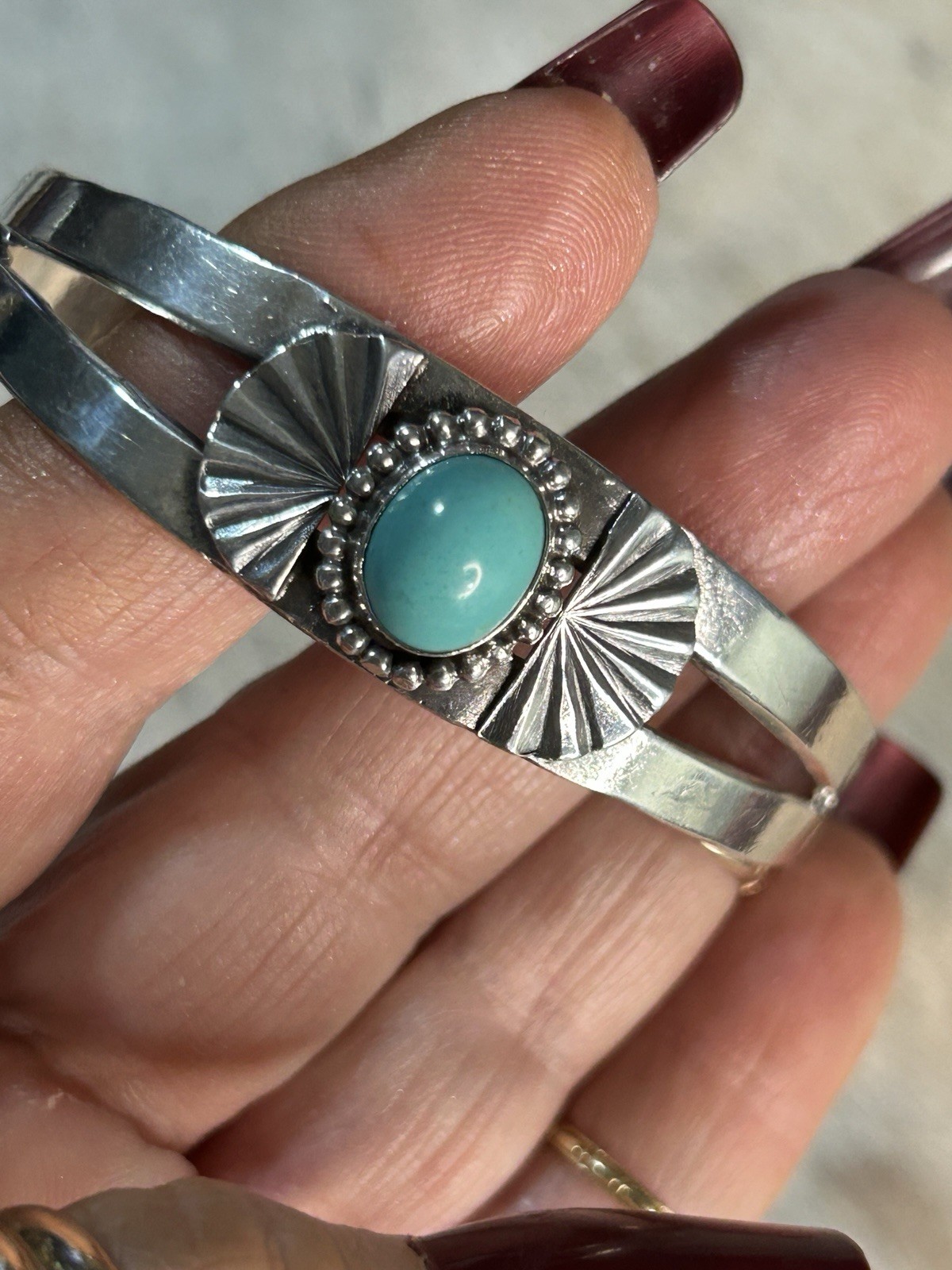 Turquoise & Sterling Silver Cuff Bracelet with Designs. Unmarked But Tested. 7"