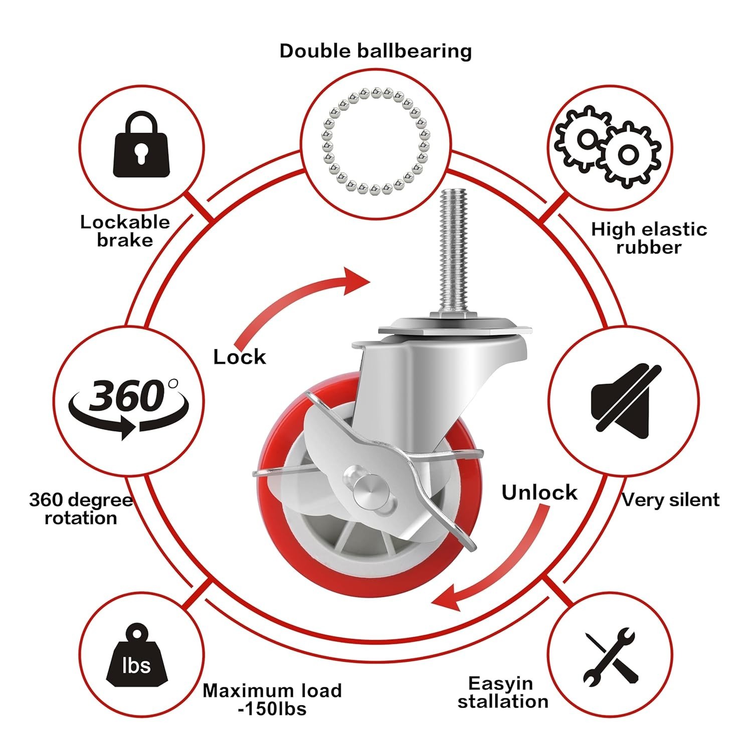 3 Inch Heavy Duty Stem Casters Swivel Wheels with Brake 3/8 -16 x 1-1/2 Set of