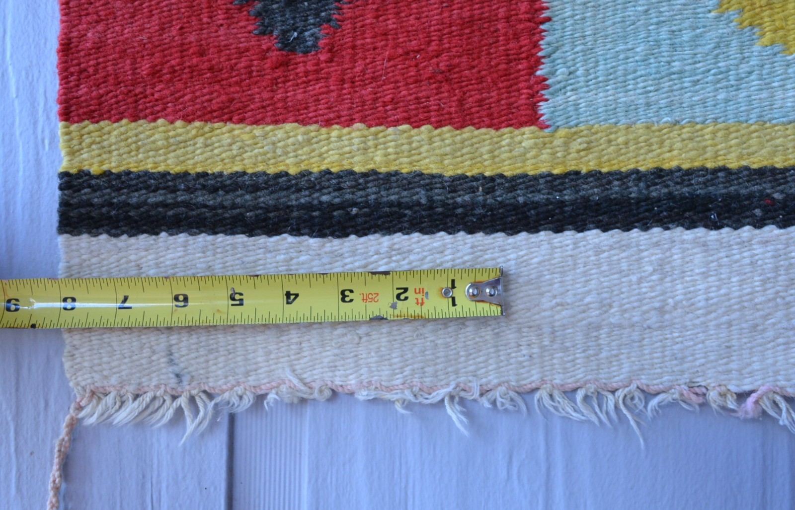 Unique Old Navajo Rug - Optical Design in Turquoise Yellow Red Black - 39" x 19"