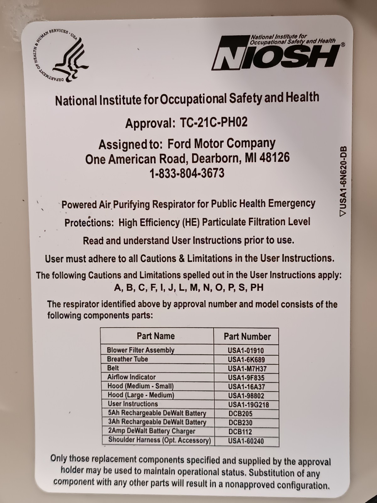 Ford Motor Co. USA1-PAPR-KIT PAPR, Battery, Battery Charger, Hood, NIOSH Filter