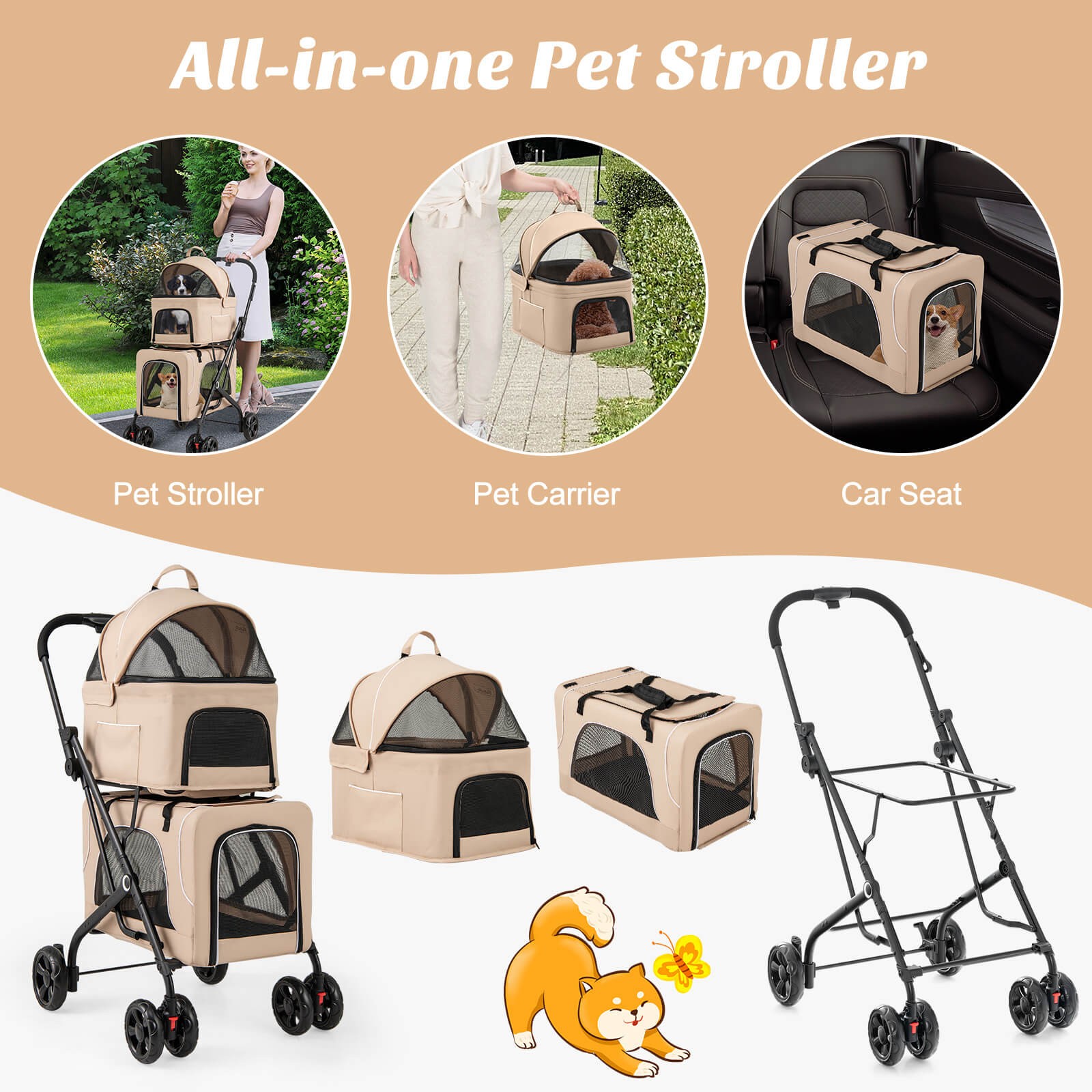 Double Pet Stroller for 2 Dogs or Cats w/ 2 Detachable Carriers Safety Belt