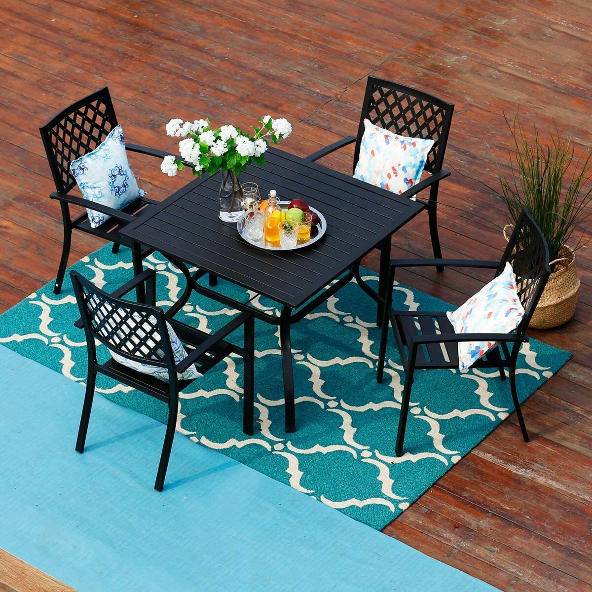 Outdoor Dining Table with Umbrella Hole Metal Patio Table Square for 4 Person US