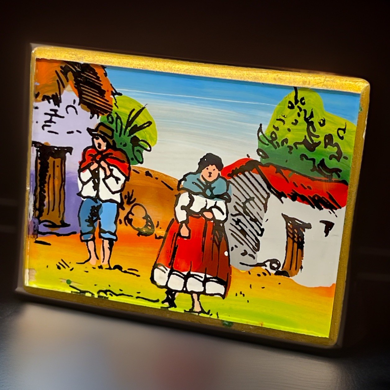 Peru Folk ART Peruvian Village Reverse Glass Painting Wooden Mini Trinket Box