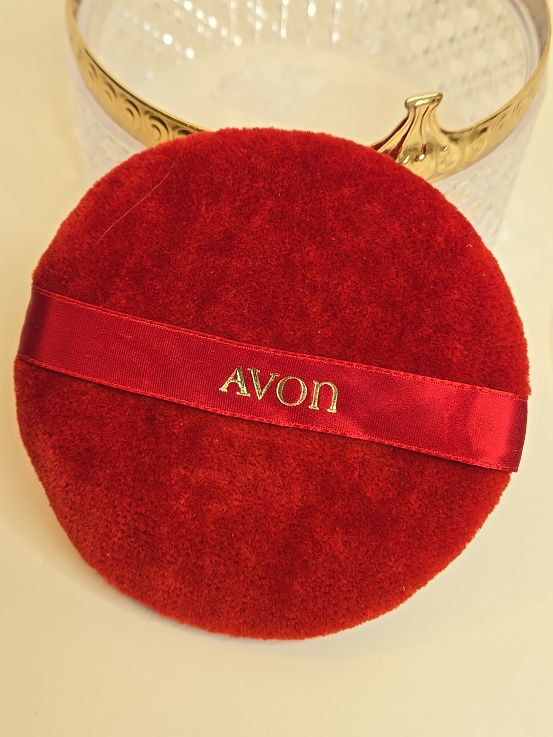Vintage Avon Powder Box Hollywood Regency Cut Crystal Plastic w Red Puff Vanity