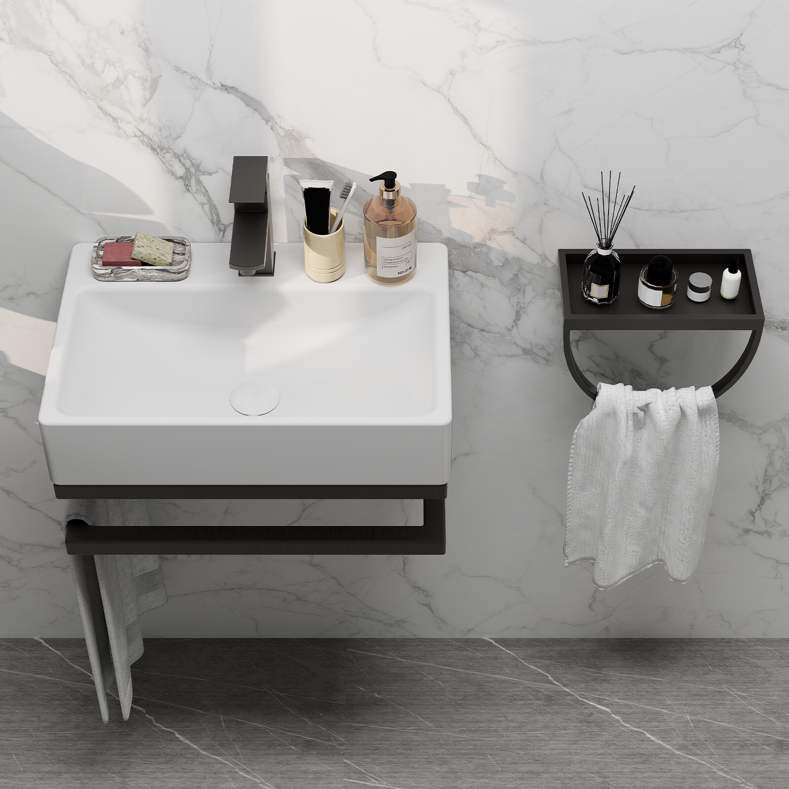 21" White Wall Mounted Vessel Sink Floating Ceramic Basin Bowl w/ Bracket Faucet