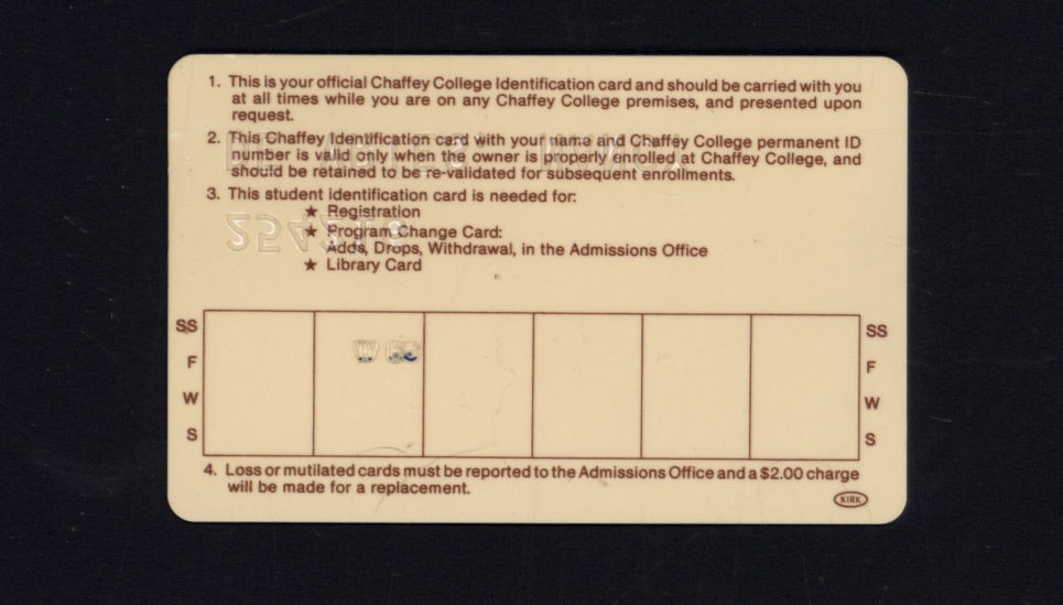 CHAFFEY COLLEGE Alta Loma CALIFORNIA * 1985 plastic student Identification Card