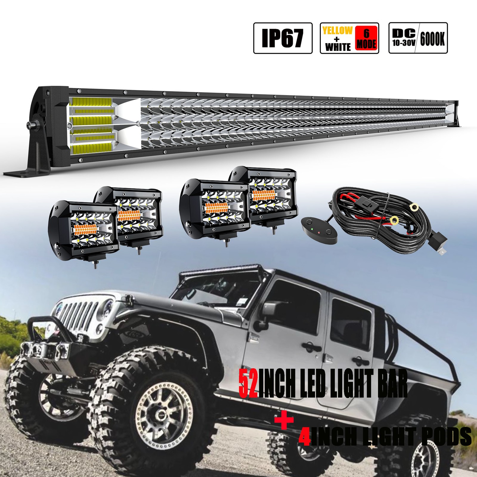 52" 300W Triple Row LED Light Bar & 4" Pods Kit  for JEEP Wrangler JL JK YJ TJ