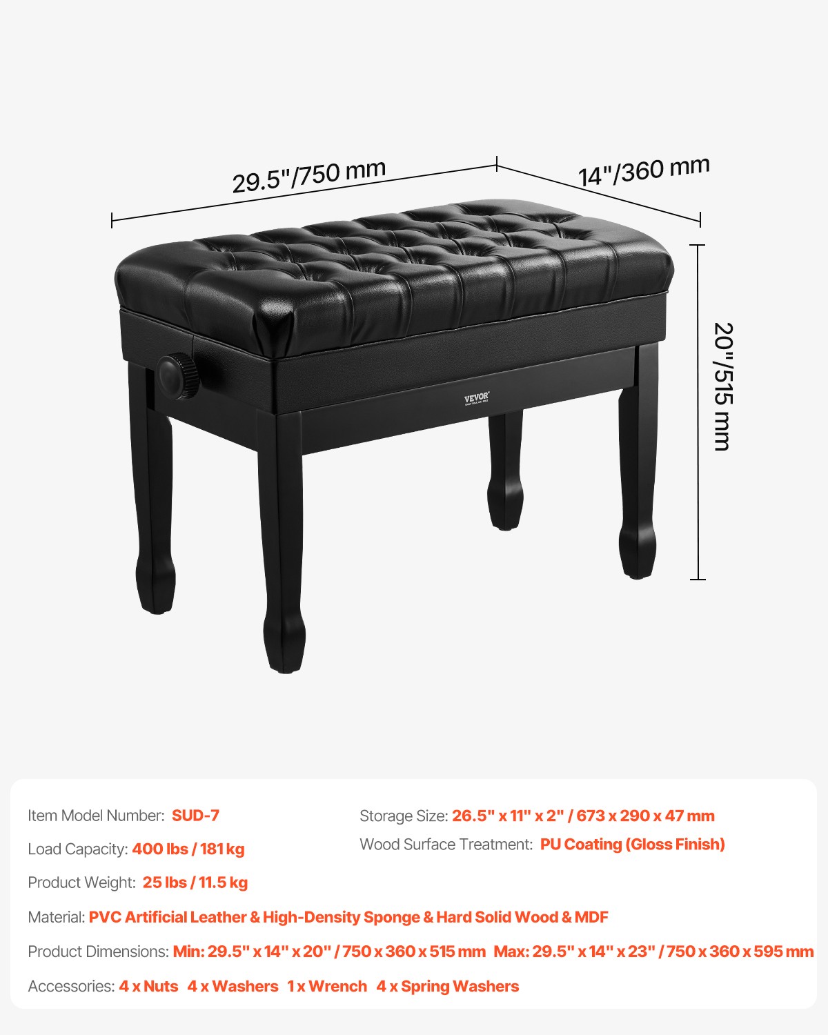 VEVOR Adjustable Duet Piano Keyboard Bench Storage Padded Seat Wooden Bookcase