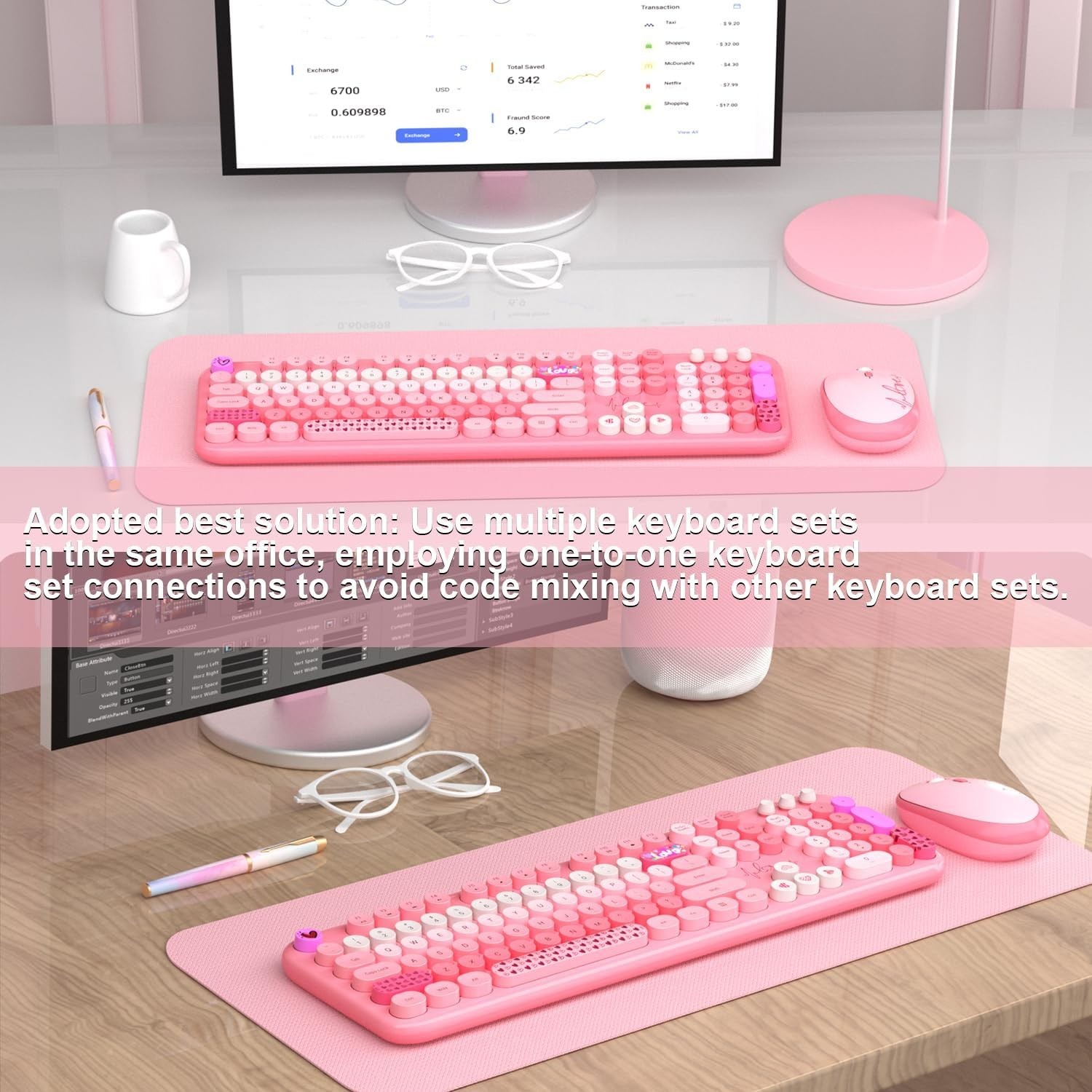 Pink Wireless Keyboard and Mouse,MOFII 104 Round Keys Lovely Full-Size