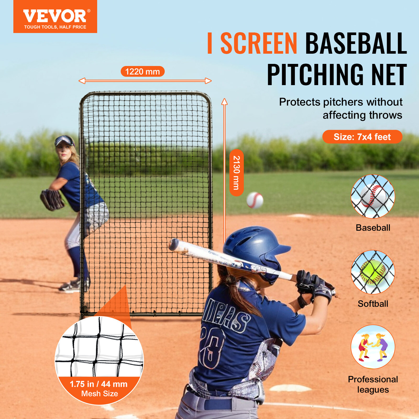 VEVOR I Screen Baseball Pitching Net for Batting Cage Softball Screen 7x4ft