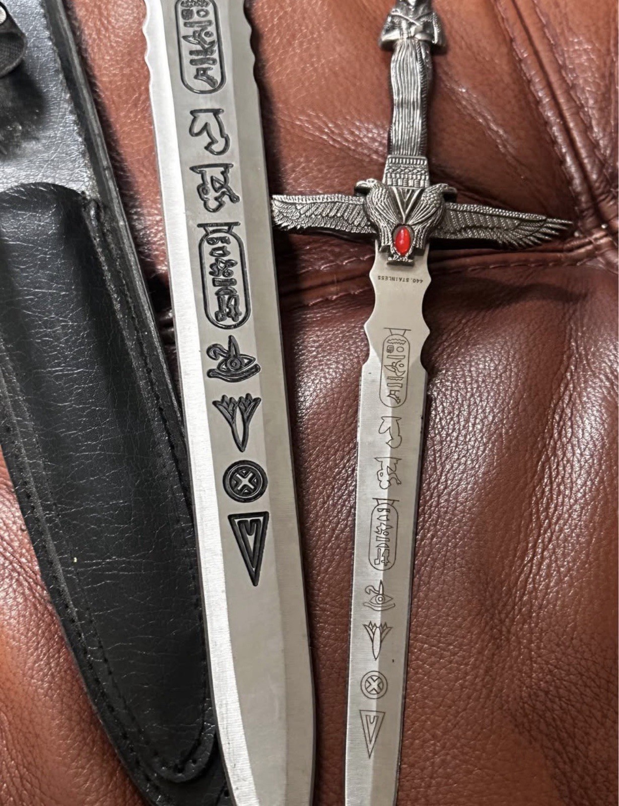 CLEOPATRA DAGGER SET w/LEATHER SHEATHE. Blade etched W/EGYPTIAN HEIROGLYPHICS
