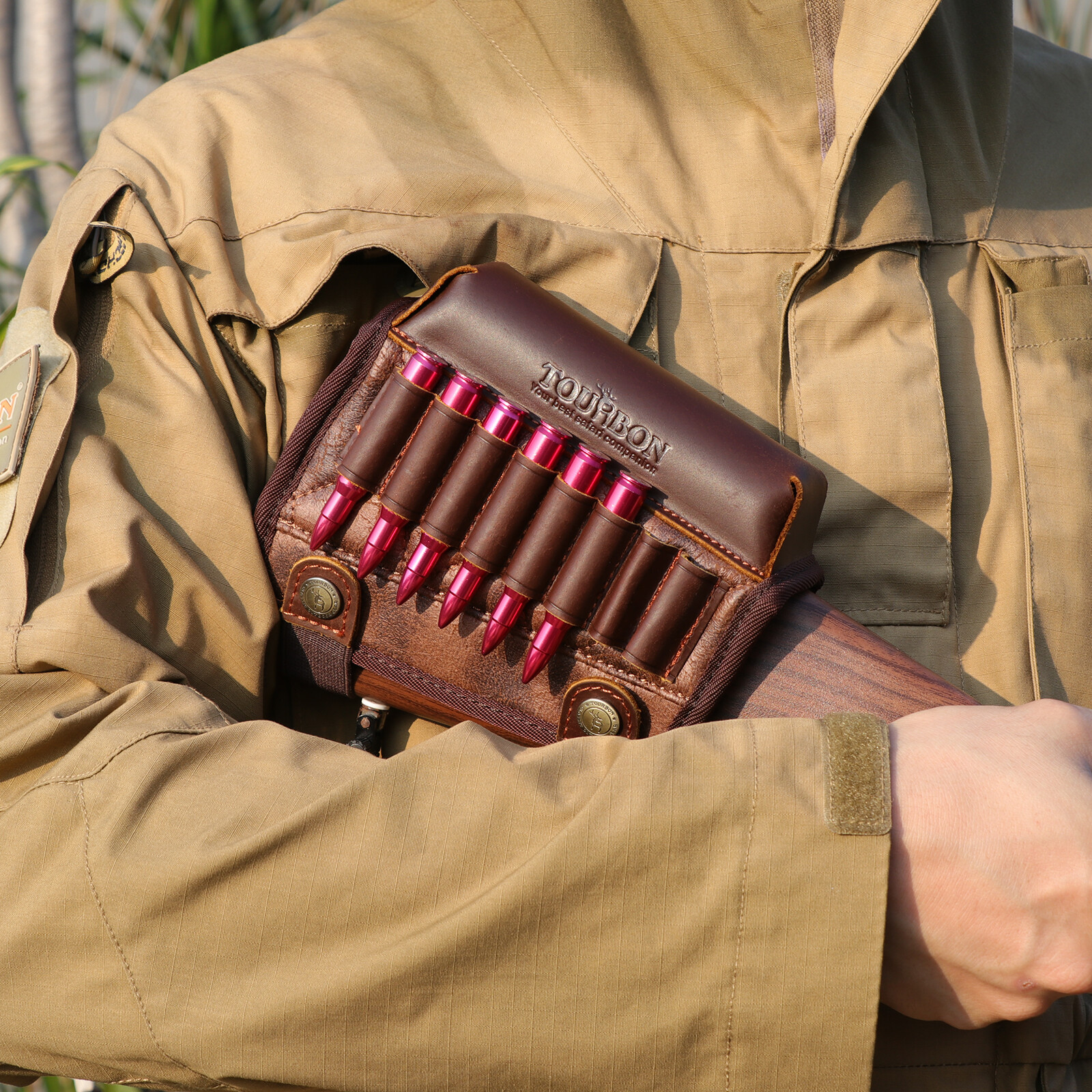 TOURBON PU Leather Cheek Riser Rest Rifle Buttstock Holder 308 WIN Ammo Carrier