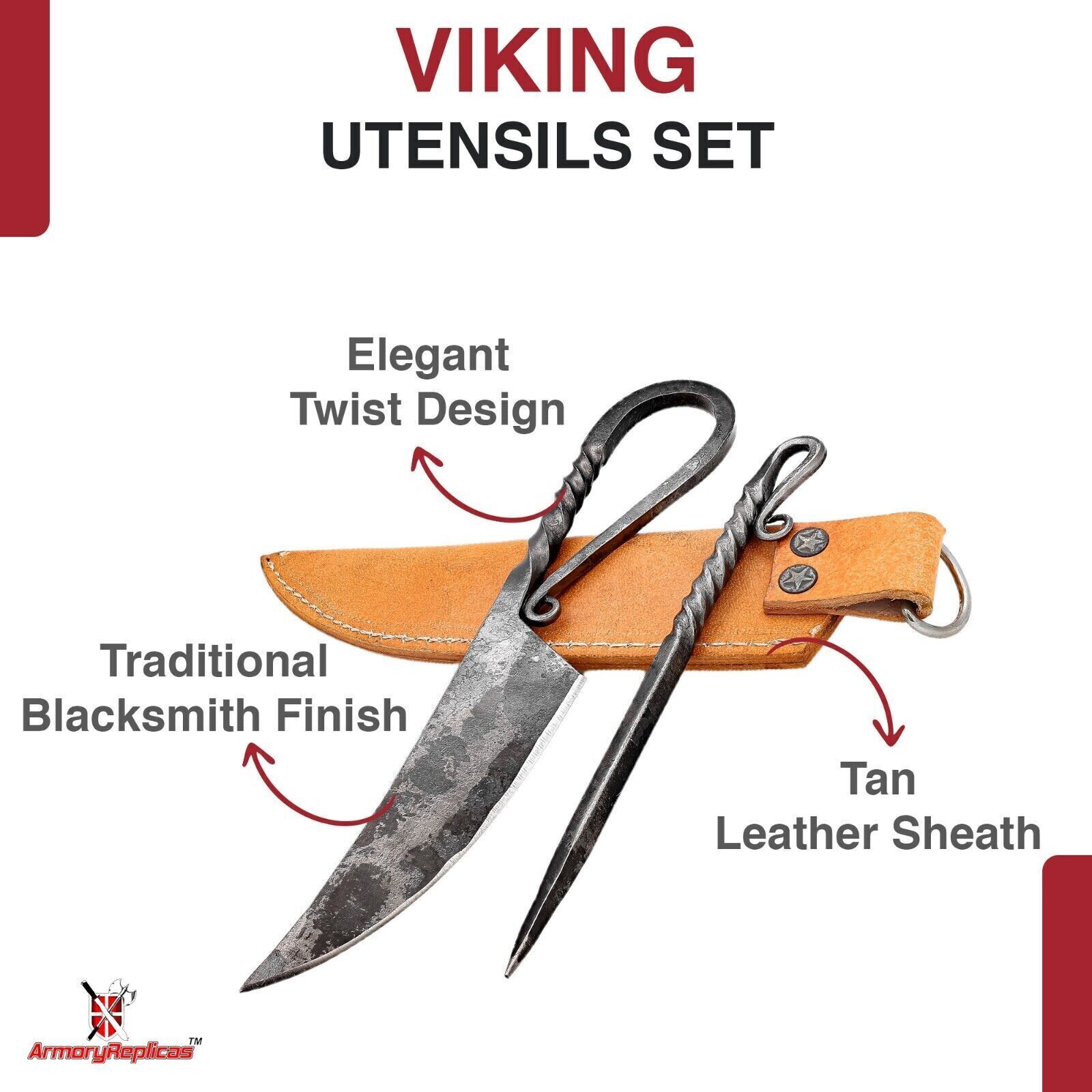 Forged Iron Functional Outdoor Camping Grilling Skewer & Knife Set w/ Sheath