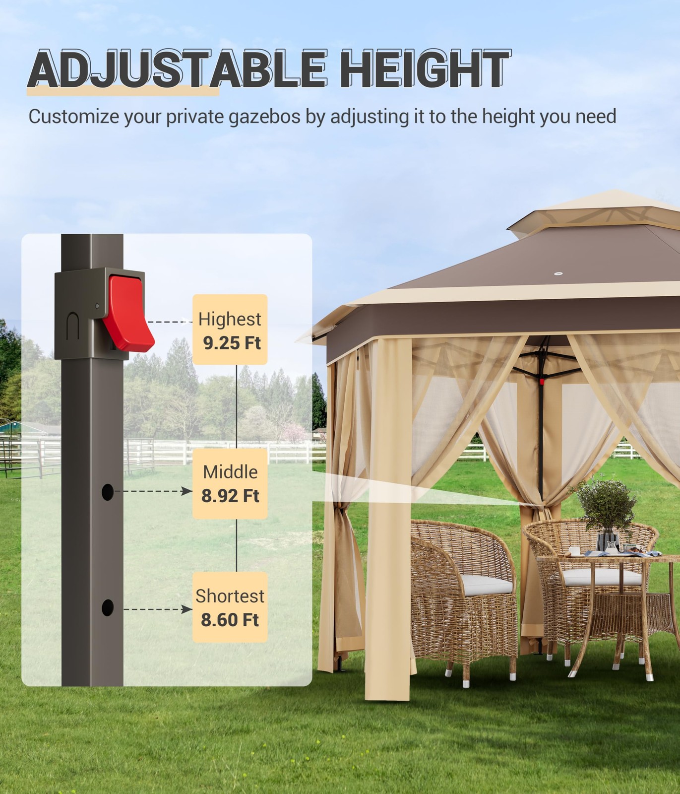 Strong Steel Frame Hexagonal Gazebo 13x13 ft Instant Pop Up with Mesh Netting