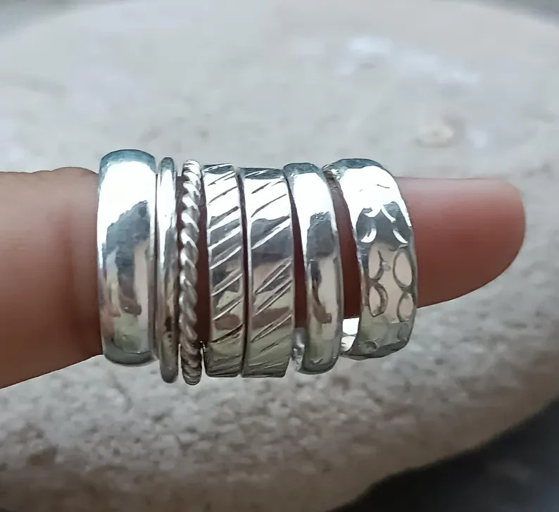 Handmade 925 Sterling Silver Stacking Rings Set, 7-Piece Ring Jewelry All Size
