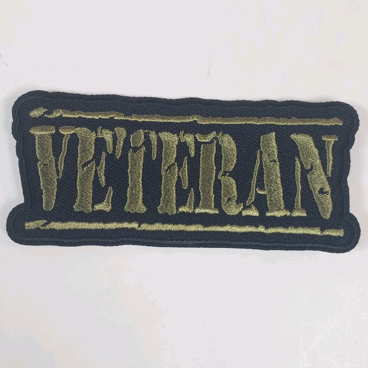 Veteran Tattered Green Script 3 1/4 inch Embroidered Patch (HH39)