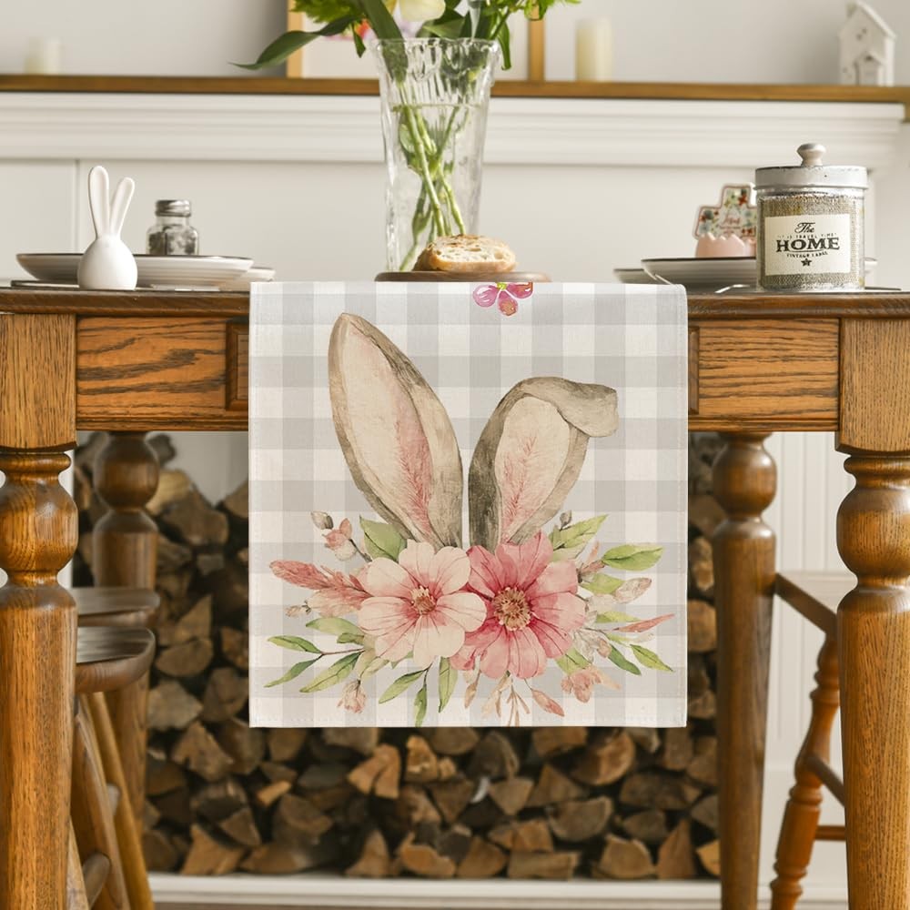 Buffalo Plaid Bunny Rabbit Ears Flower Easter Table Runner, Spring Summer Sea...