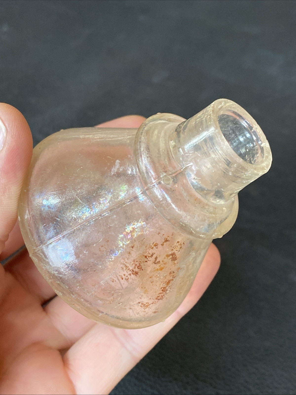 Antique Iridescent Clear Sheered Lip Cone Ring Shoulder 19th C Ink Well Bottle