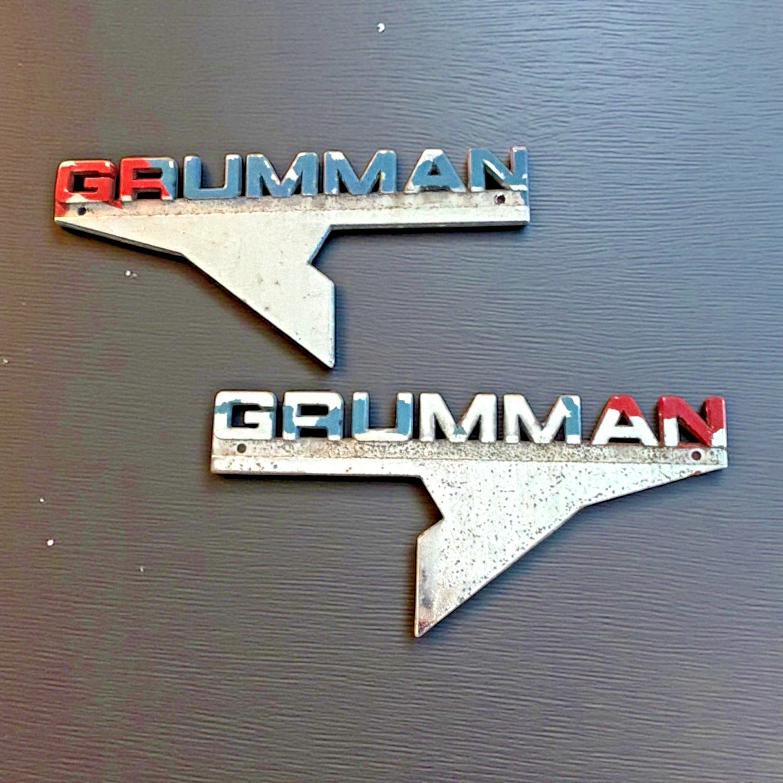 Grumman Emblem Left and Right Badges Preservation Condition Pitted Worn Awesome