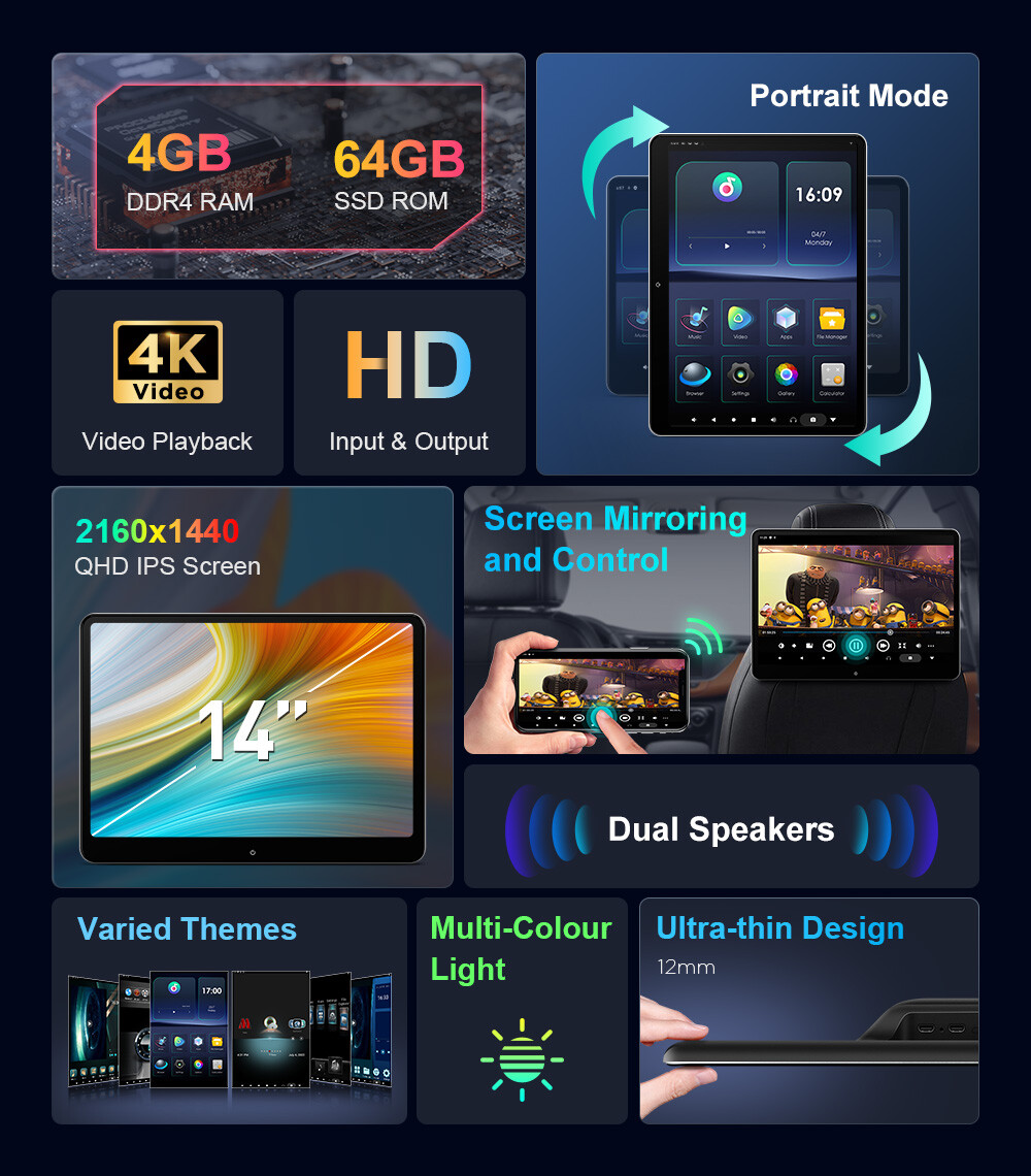 14" Android 64GB QHD Screen Car TV Backseat Headrest Monitor 4K WiFi +Headphones