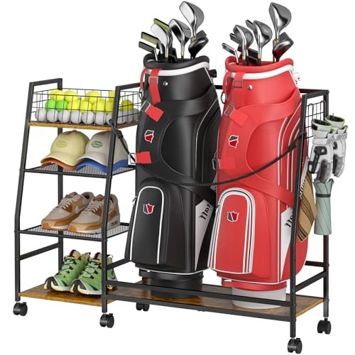 Golf Bag Storage Rack for Garage with Wheels, Organizer for Golf Bag and 2 bags