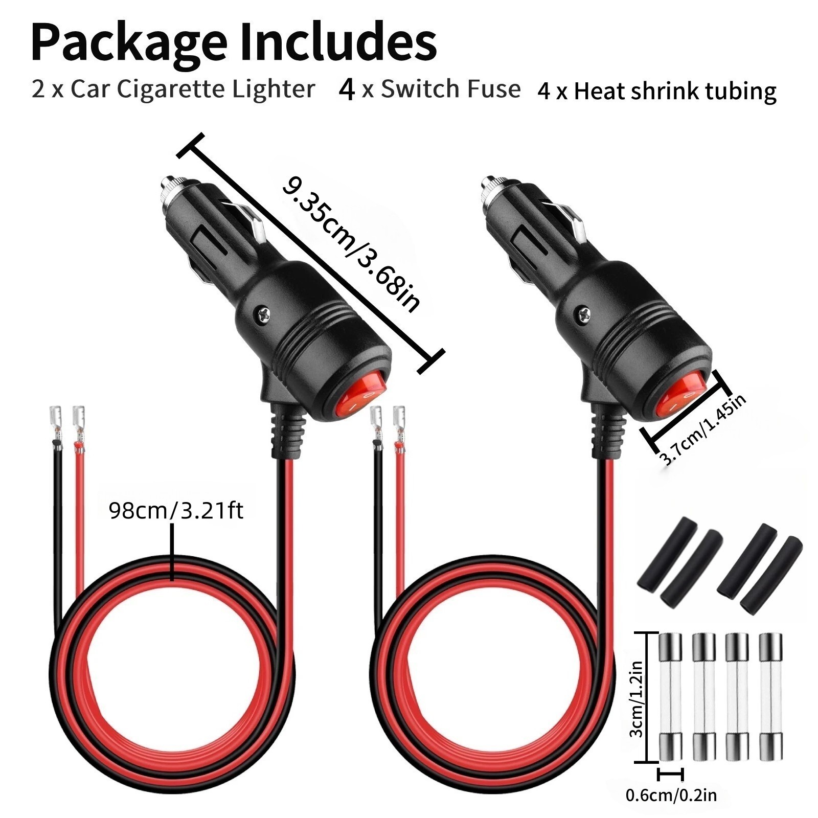 2 Pack Car Cigarette Lighter Plug with Switch Fuse LED 12V for Vehicle Repair