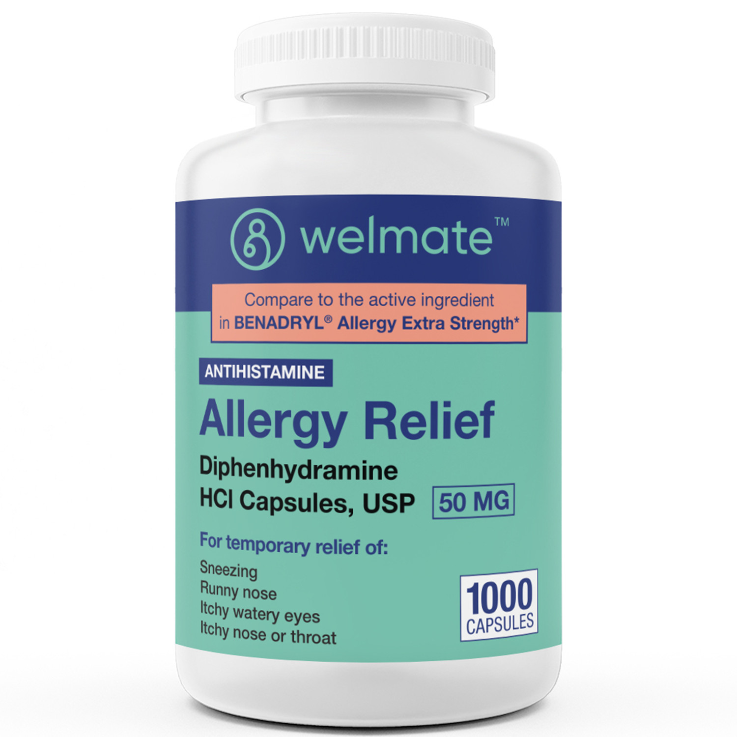 WELMATE Allergy Relief Diphenhydramine HCL 50mg 1000 Ct Exp 7/28 (Benadryl)