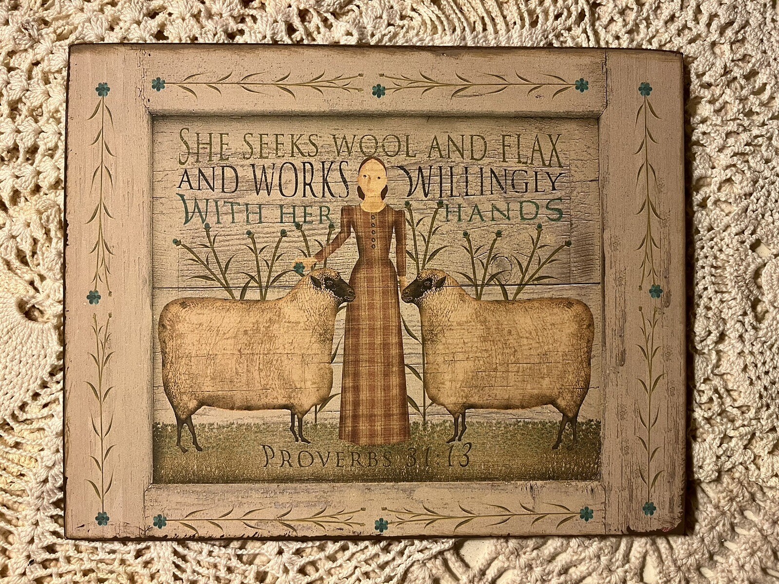 PRIMITIVE Folk Art, Sheep Woman, Wool & Flax, Artist Canvas Board Sign