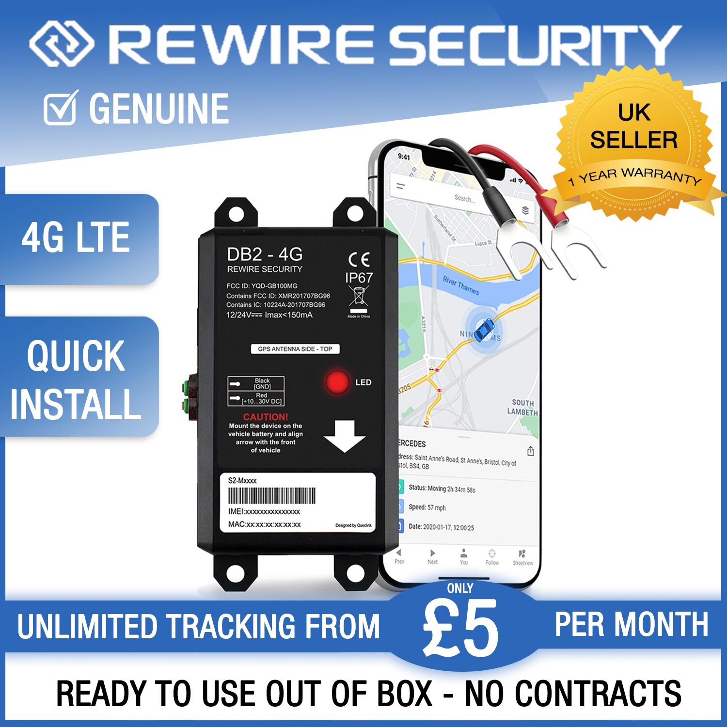 LIVE GPS TRACKER DB2 4G LTE ANTI-THEFT CAR VAN TRUCK MOTORBIKE TRACKING DEVICE