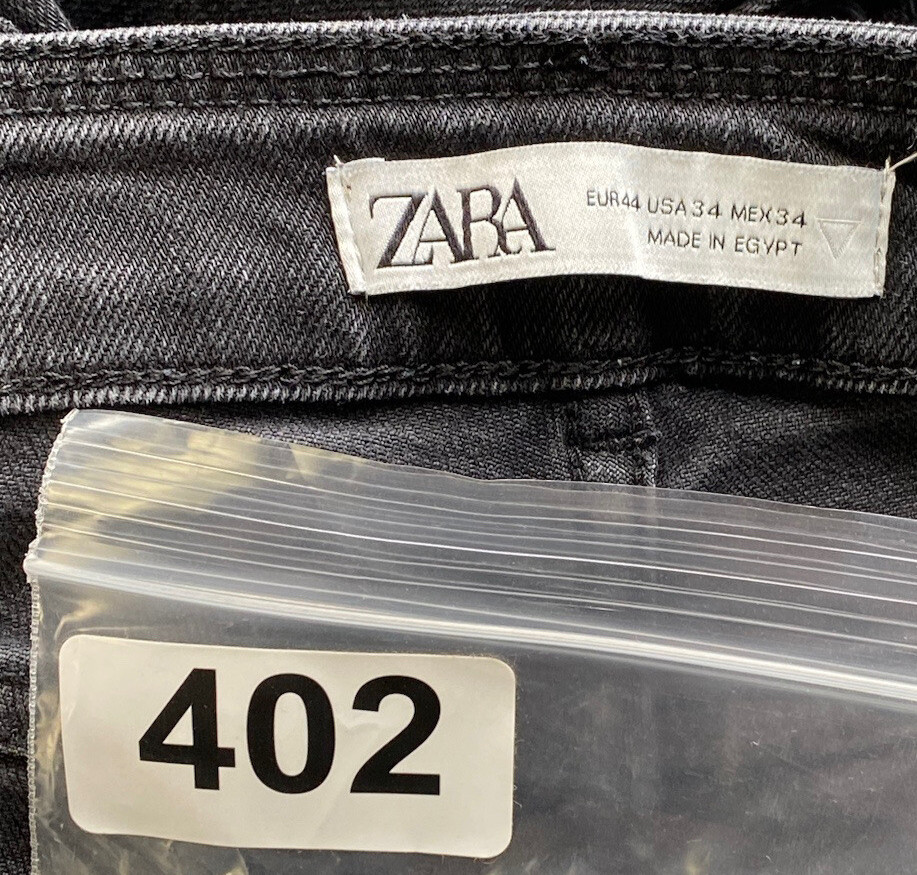 Zara Destressed Jeans Womens 34 Button Fly Cropped Black Skinny Raw Hem Mid Rise