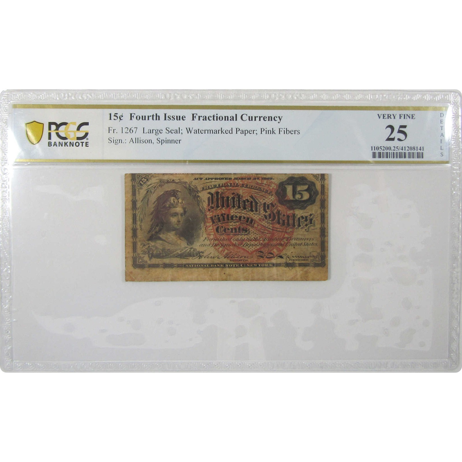 15c Fractional Note Fourth Issue FR1267 VF 25 Details PCGS SKU:I23287