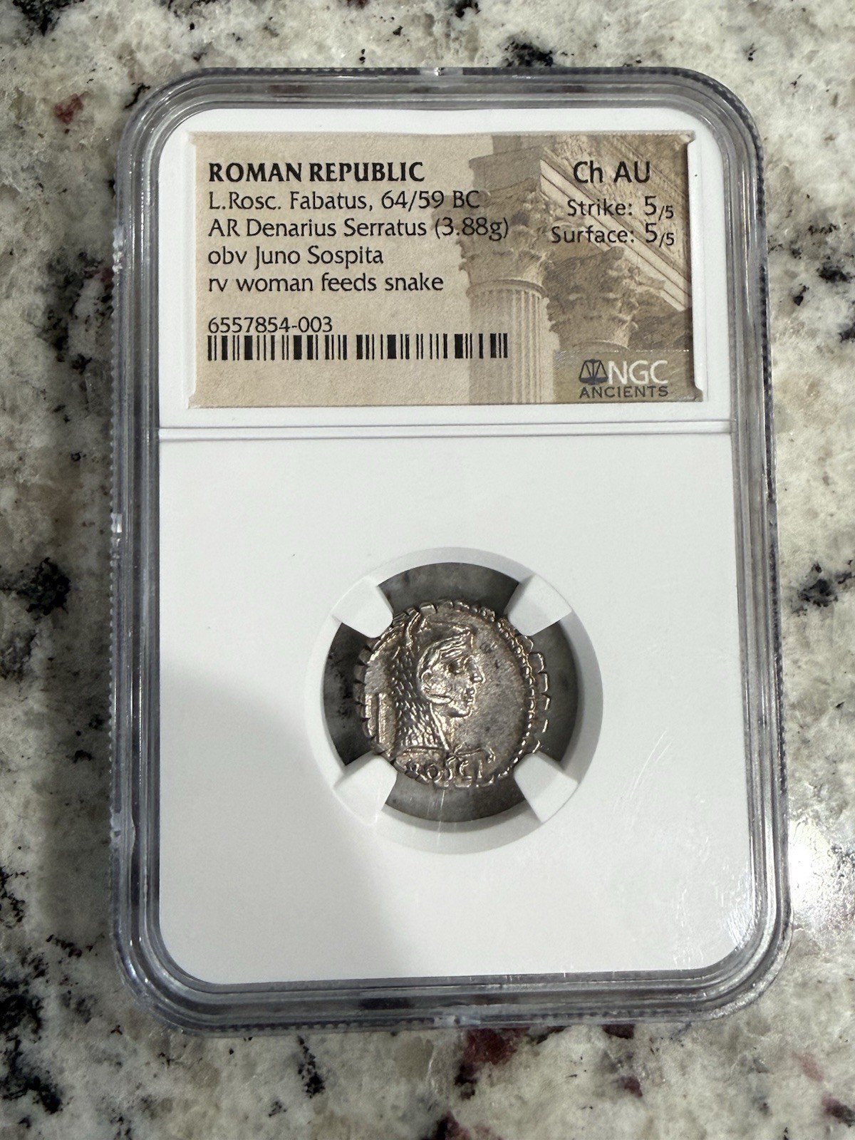 L Rosc Fabatus AR Denarius Serrated NGC Ch AU 5/5 5/5 64/59 BC