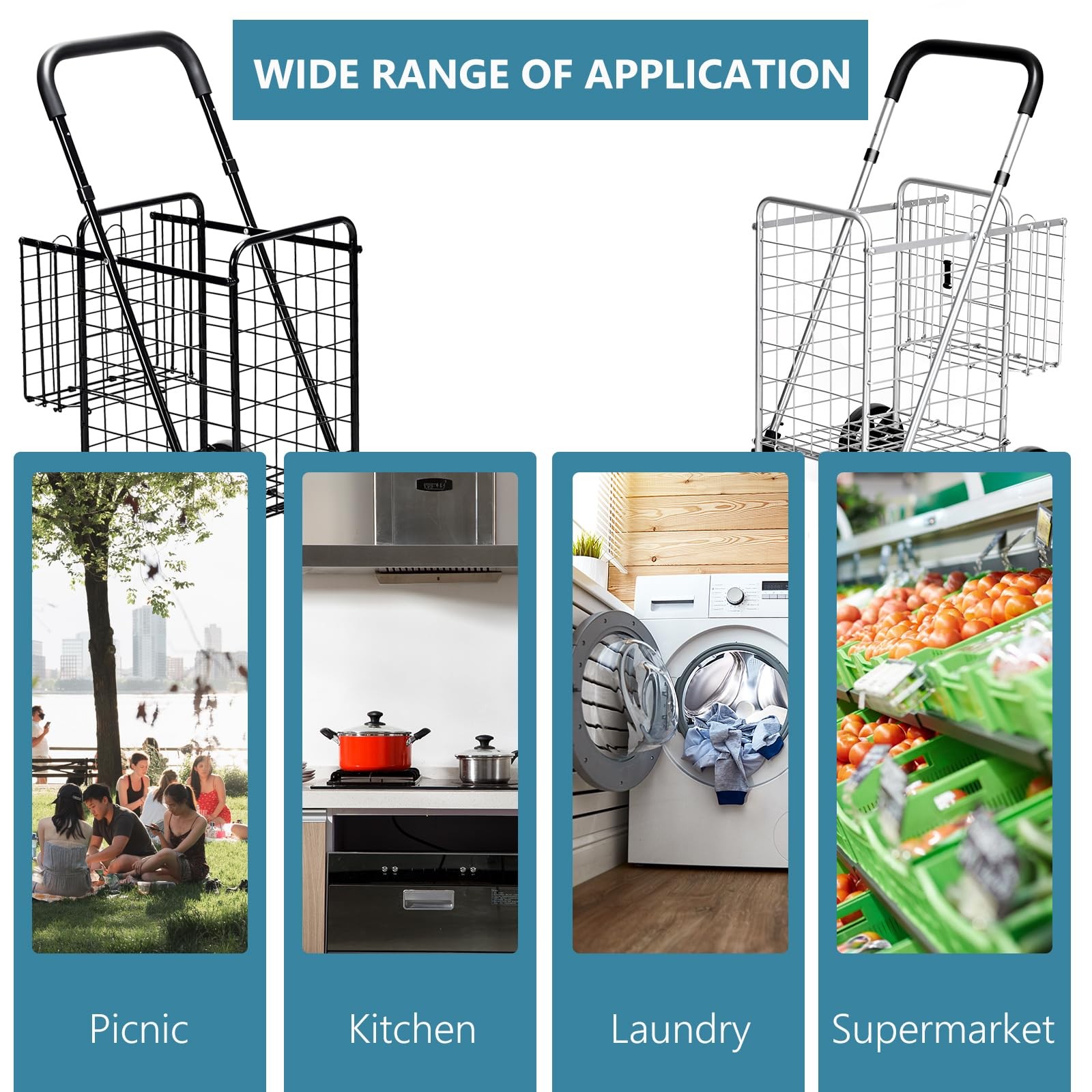 Foldable Heavy Duty Grocery Cart Adjustable Handle Extra Basket 360 Wheels