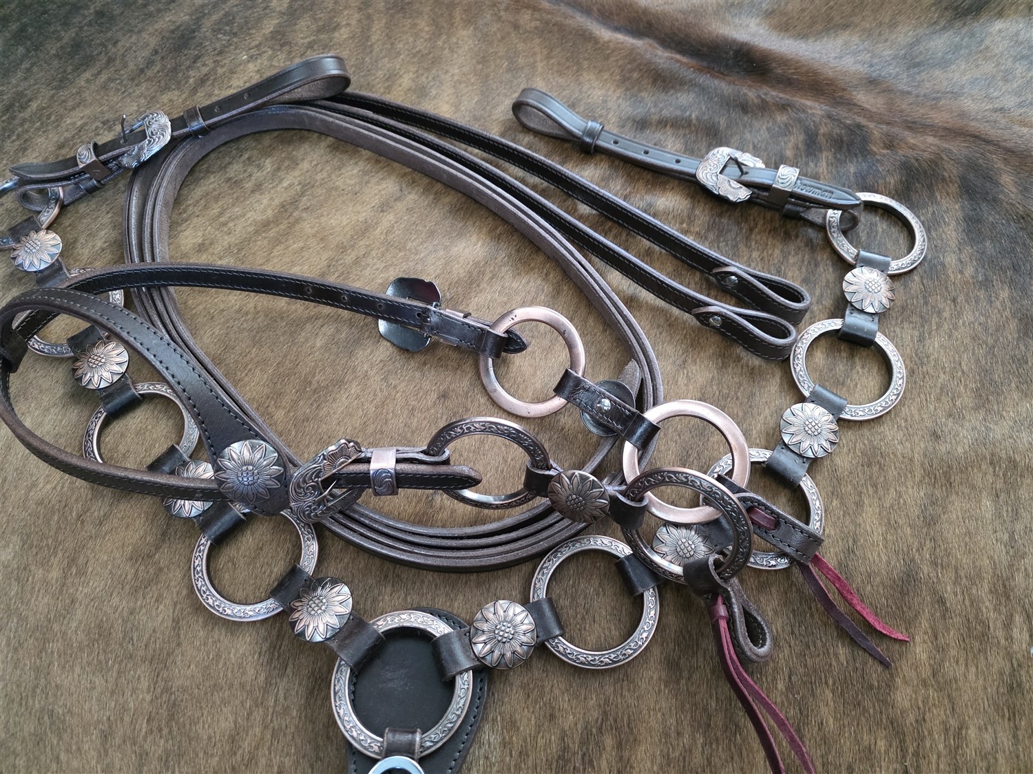 Metal Ring Headstall, Reins and Breastcollar - Sunflower Rings - Copper Rings