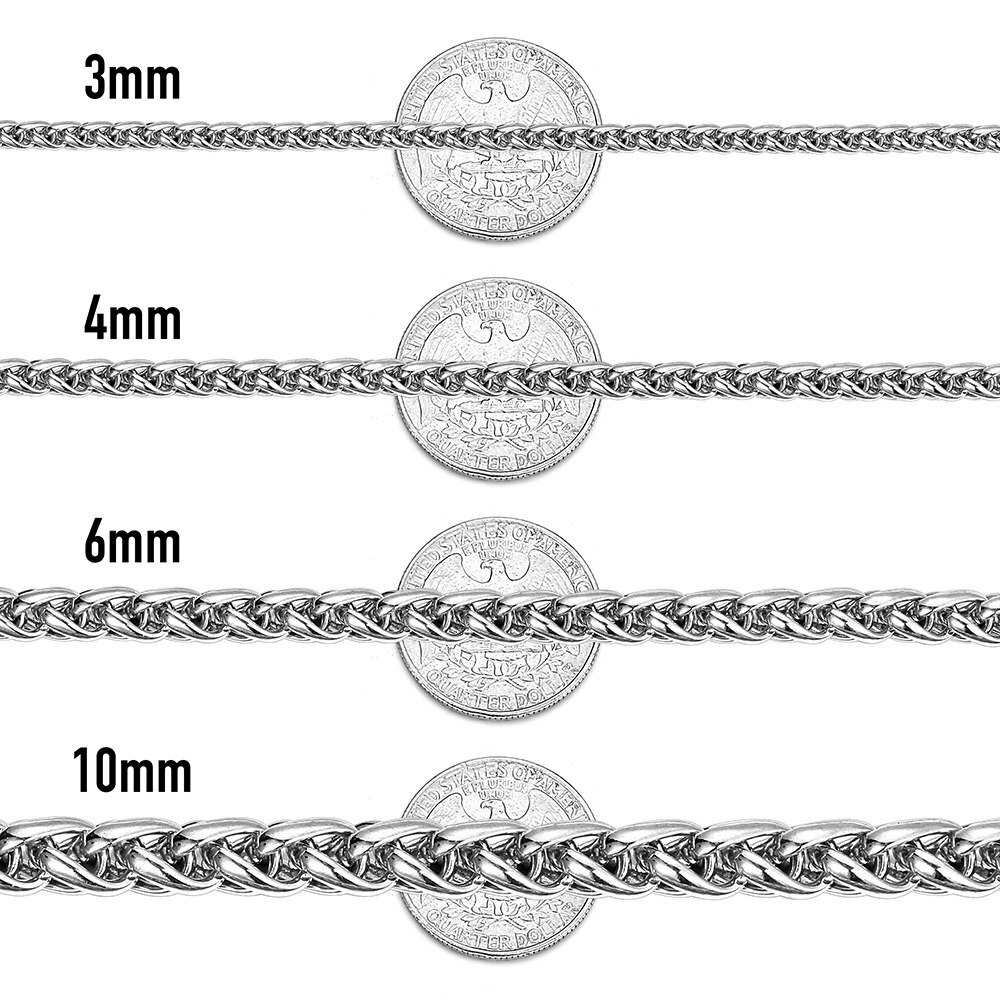 3/4/5/6/8mm Braided Wheat Chain Silver 316L Stainless Steel Men Women Necklace
