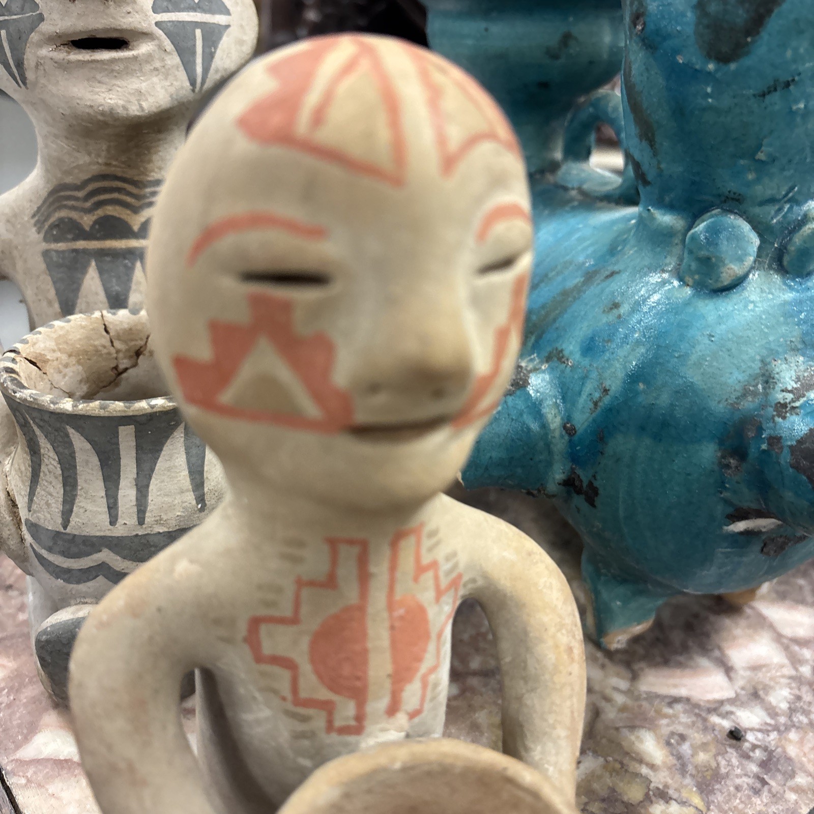 Late 1800s - Very Early 1900s Tesuque Pueblo Pottery Rain God 2 Pieces