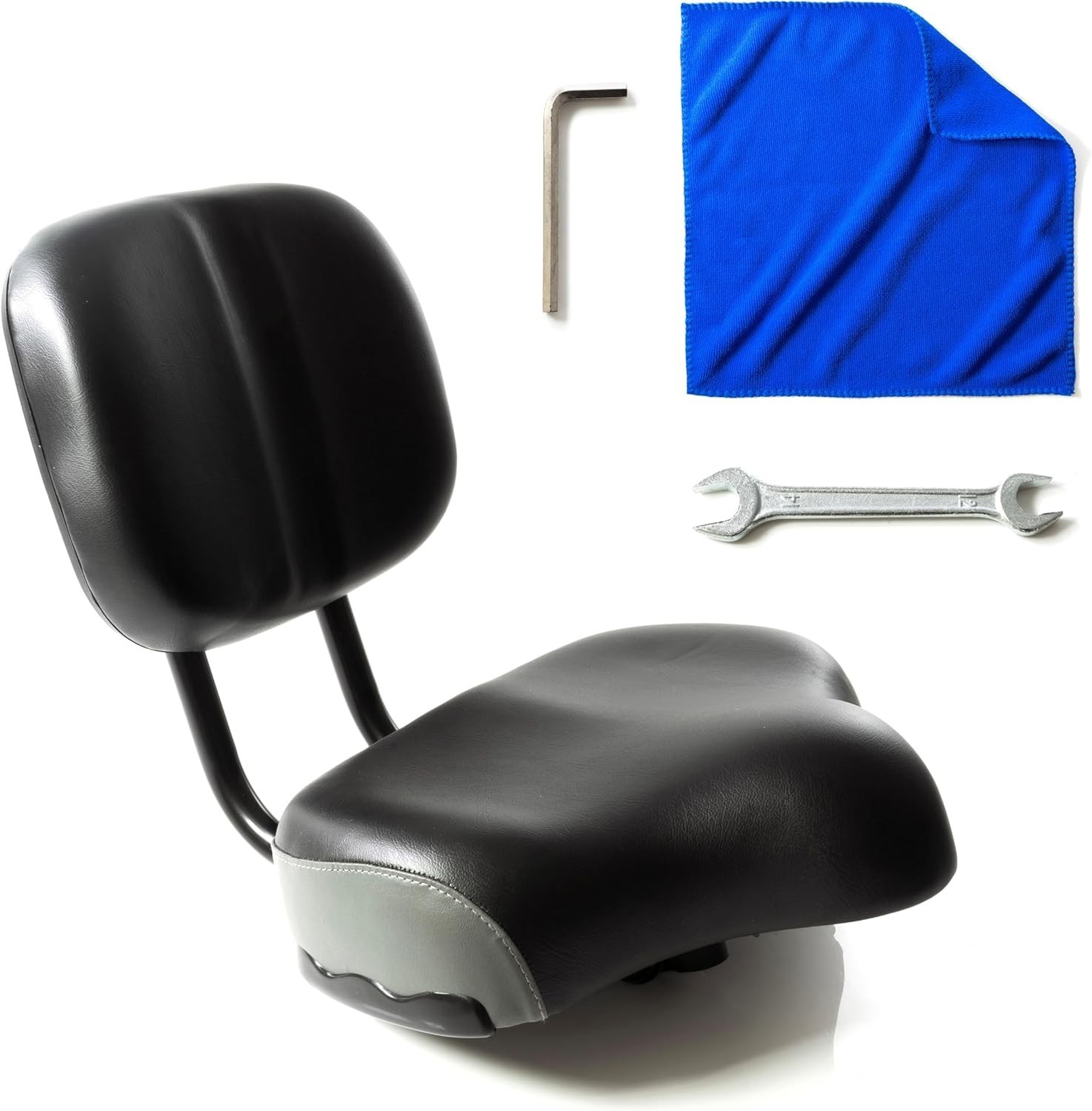 Bike Seat w/ Backrest Extra Wide Padded Saddle,Tools & Microfiber Cleaning Cloth