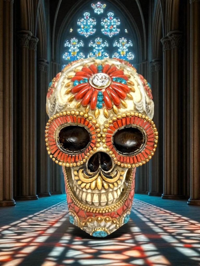 Gothic Day Of The Dead Flower Floral SKULL Skeleton HEAD Sculpture Figurine Gift