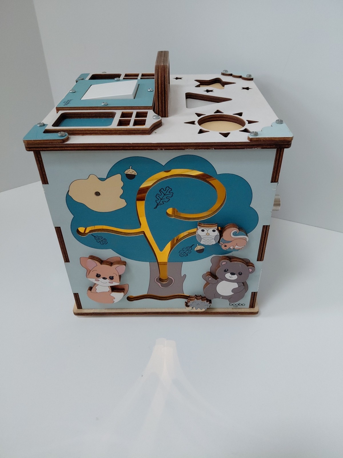 Boobo Toys Wooden Busy Development Activity Cube Blue Undertones Size Medium