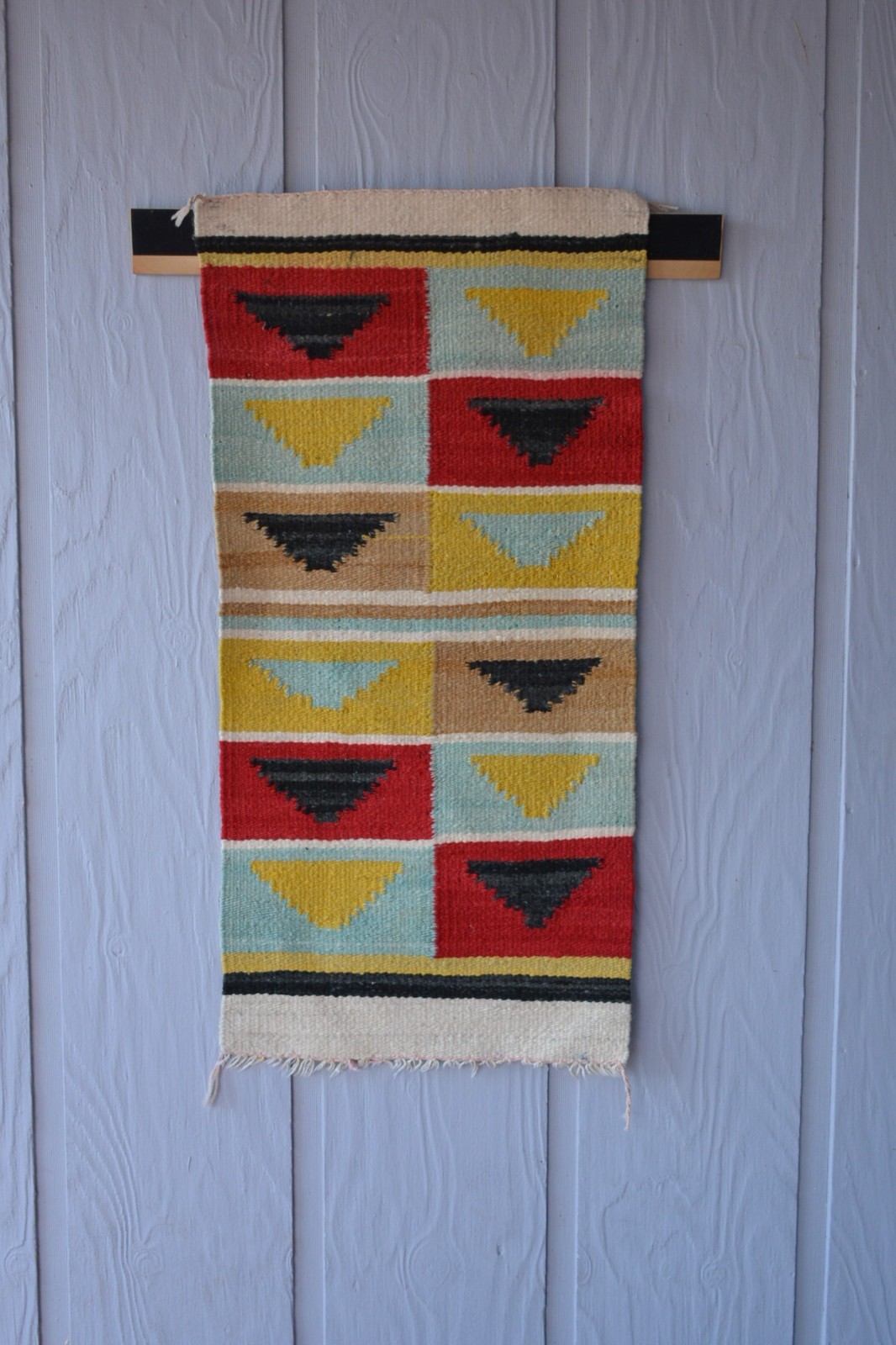 Unique Old Navajo Rug - Optical Design in Turquoise Yellow Red Black - 39" x 19"